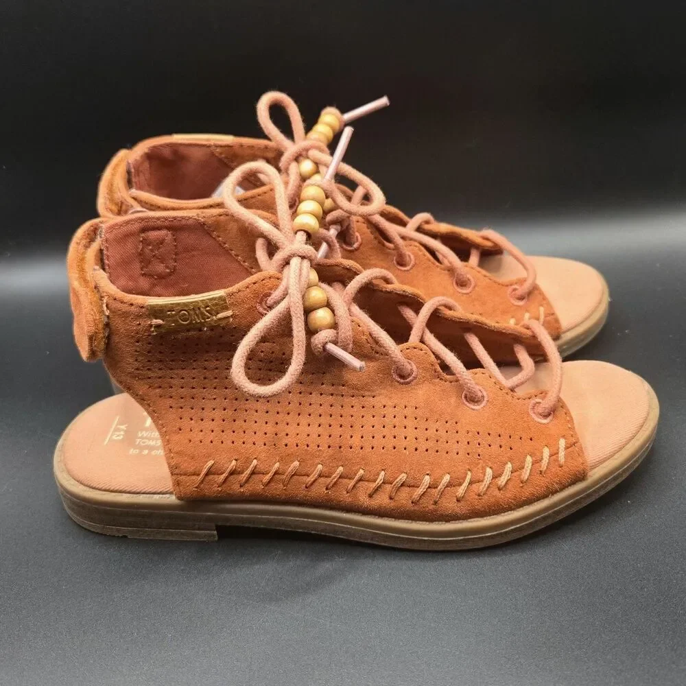 TOMS Kids Uma Suede Wedge Sandals Ginger Terracotta Lace Up Youth Size 13Y NWOT